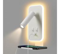 Awekliy Lampada da Parete a LED, Lampada da Lettura da Comodino, Con porta di ricarica USB e vassoio per telefono, Faretto Regolabile con Luce Ambientale per Camera da Letto (3W 3100K+9W 6000K) Bianco