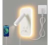 AWEKLIY Lampada da Parete a LED, Lampada da Lettura da Comodino, con Porta di Ricarica USB, Faretto Regolabile con Luce Ambientale per Camera da Letto (3W 3100K+9W 6000K) Con cavo e spina, Bianco