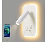 AWEKLIY Lampada da Parete a LED, Lampada da Lettura da Comodino, con Porta di Ricarica USB, Faretto Regolabile con Luce Ambientale per Camera da Letto (3W 3100K+9W 6000K) Bianco