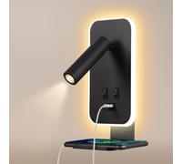 AWEKLIY Lampada da Parete a LED,Luce da Lettura da Comodino con Interruttore,Con porta di ricarica USB e vassoio per cellulare, Illuminazione ambientale della camera da letto(Luce Calda 3W + 9W) Nero