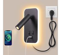 AWEKLIY Lampada da Parete a LED, Luce da Lettura da Comodino con Interruttore, Porta di Ricarica USB, Faretto Regolabile per Camera da Letto (3W Luce Naturale + 9W Luce Calda) Con cavo e spina, Nero
