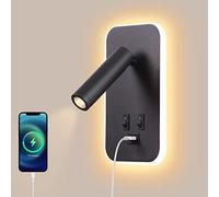AWEKLIY Lampada da Parete LED, Luce da Lettura con Interruttore, Porta USB, Faretto Regolabile per Camera da Letto (3W Naturale + 9W Caldo) Nero