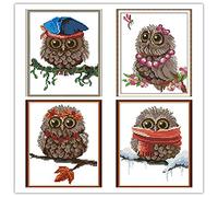 Awesocrafts Confezione da 4 kit per punto croce, motivo: gufi, quattro stagioni, facile da ricamare, idea regalo per Natale, motivo: gufi, contati