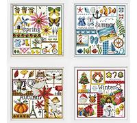 Awesocrafts Confezione da 4 kit per punto croce, quattro stagioni, facili schemi per punto croce, kit per ricamo a punto croce, stampigliato o contato (quattro stagioni, stampato)