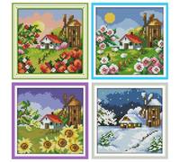 Awesocrafts Kit per punto croce, 4 stagioni: primavera, estate, autunno e inverno, per punto croce, ricamo e ricamo, confezione da 4