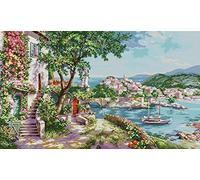 Awesocrafts Kit per punto croce, motivo mediterraneo, per ricamo a punto croce, kit da ricamo con cuciture incrociate, 14 ct, 2 fili (paesaggio)