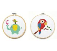 Awesocrafts Kit per punto croce stampato con uccello, elefante, animale, per punto croce, ricamo e cucito, confezione da 2