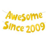 Awesome Since 2009 - Striscione glitterato dorato per 16° compleanno e anniversario, decorazioni per feste per scintillanti pietre miliari, decorazione per feste per uomo e donna, per 16° compleanno