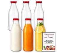 Awiku Bottiglia di vetro Premium da 1 Litro per Latte e Bevande + EBook da 102 Ricette, con Coperchio a Filettatura Ermetica, Ideale per Latte, Frullati, Horchata, Succhi, Liquefatti e Salse, Set di 6