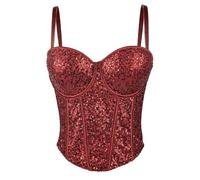 AWJUWHBJ Bustino con paillettes scintillanti con spalline regolabili per le donne con spalline push up in rete velata corsetto modellante con paillettes bustier crop top, Rosso vinaccia, A