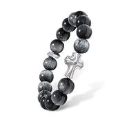 AWNL Braccialetto da uomo con perline in argento Sterling di alta qualità, con ciondolo centrale con pietre naturali occhio di falco, ametista, quarzo fantasma (10 mm), braccialetto elastico da uomo