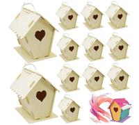 AwnsIMfreien Kit casetta per Uccelli da 12 Pezzi, casetta per Uccelli in Legno Non Verniciata Fai-da-Te per a Forma di Cuore e Recinzione con Gancio per Appendere 4x4, 3x5, 5 Piccole Case per Adulti