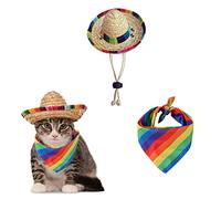 AWOCAN Cappello di paglia per animali domestici, divertente, Sombrero messicano, sciarpa arcobaleno, decorazione per feste di compleanno per piccoli animali domestici, cuccioli, gatti (A)