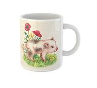 Awowee Tazza da caffè con maialino in miniatura che cammina sull'erba verde vicino al rosso, tazza da tè in ceramica da 325 ml, ottima idea regalo o souvenir per familiari, amici e colleghi