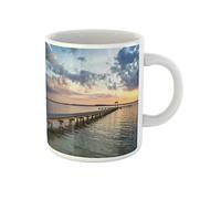 Awowee Tazza da caffè con tramonto multicolore sul lago, ponte in legno, 325 ml, tazza da tè in ceramica, souvenir per familiari, amici e colleghi