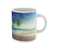 Awowee Tazza da caffè in ceramica con tramonto blu e cocco sulla spiaggia delle Seychelles e onde arancioni, 325 ml, ideale come regalo o souvenir per familiari, amici e colleghi