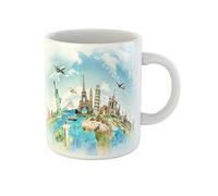 Awowee Tazza da tè in ceramica blu con aereo e monumento al mondo, 325 ml, ideale come regalo o souvenir per familiari, amici e colleghi