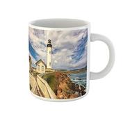 Awowee Tazza da tè in ceramica con immagine di un piccione blu con faro sotto il bel cielo, 325 ml, idea regalo o souvenir per familiari, amici e colleghi
