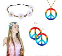 AWOXIHJ 3 Pezzi Hippie Costume Set Retrò, Stile Vintage Anni 60 Anni 70 Hippie Accessori, Orecchini da Festa Hippie, Cerchietto, Collana con Segno di Pace