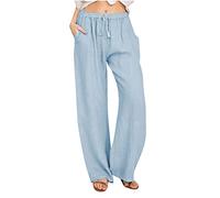 Awrvia Pantaloni in lino, da donna, estivi, per il tempo libero, lunghi, casual, tinta unita, in cotone, con gamba dritta, comodi, in tessuto, leggeri, tinta unita, con coulisse e tasche, 01 azzurro