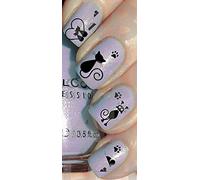 AWS set Water decals Gatto nero silhouette unghie Nail Art foglietto Black cat cats adesivi trasferibili acqua Sheet of little cat stickers transfer zampe zampine paws ciottola (silhouette gattino)