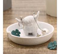 Awsaccy Porta anelli a forma di mucca delle Highland con piatto circolare, stile rustico e bohémien, grazioso e unico, regalo da donna, per bagno, ufficio, casa, stanza, scrivania, decorazione