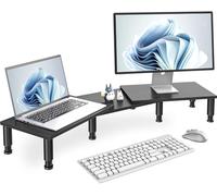 AX Waber Doppio supporto per monitor, altezza regolabile in acciaio, supporto in legno con spazio di archiviazione, nero