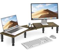 AX WABER Supporto per doppio monitor, supporto per monitor con lunghezza e angolo regolabili, supporto per monitor in legno per scrivania, per 2 monitor con spazio di archiviazione