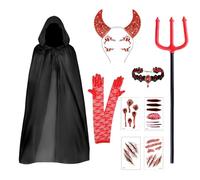 AXERHK Costume da diavolo da donna, costume da halloween, mantello nero, corna del diavolo, guanti di pizzo, ferita da tatuaggio, forchetta da diavolo, gemme per il viso horror per Carnevale Halloween