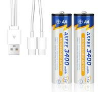 AXFEE 2 Pezzi AA Lithium Batteria Litio, Ricaricabile Lithium Batteria, 1.5 V/1500 mAh Ricaricabili Type C, Ricarica Rapida 1h, 1500 Cicli di Ricarica Riciclabile Batteria(1*Cavo di Ricarica)