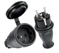 AXFEE 2 Pezzi Spina Schuko 250V 16A, Spina Schuko Volante In Gomma- Nero | 1 Spina + 1 Presa, con Uscita Cavo Assiale, IP44, Spina Esterna Maschio e Femmina, con Contatto di Terra e Guaina Antipiega