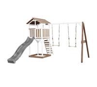 AXI Beach Tower parco giochi di legno in marrone e bianco | Torre di gioco per bambini con sabbiera, doppia altalena e scivolo grigio | Casa per bambini su palafitte per il giardino