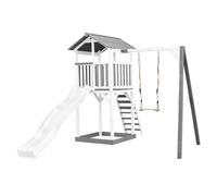 AXI Beach Tower parco giochi in legno in grigio e bianco | Torre da parco giochi con sabbiera, altalena e scivolo bianco | Casa per bambini su palafitte per il giardino