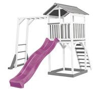 AXI Beach Tower parco giochi in legno in grigio e bianco | Torre di gioco con sabbiera, struttura di arrampicata e scivolo viola | Casa per bambini su palafitte per il giardino