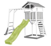 AXI Beach Tower parco giochi in legno in grigio e bianco | Torre di gioco con sabbiera, struttura di arrampicata e scivolo verde lime | Casa per bambini su palafitte per il giardino
