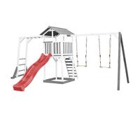 AXI Beach Tower parco giochi in legno in grigio e bianco | Torre di gioco con sabbiera, struttura di arrampicata, doppia altalena e scivolo rosso | Casa per bambini su palafitte per il giardino