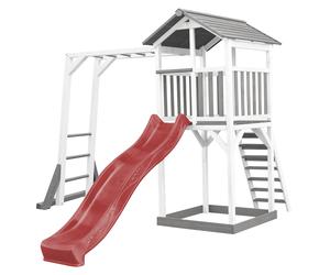 AXI Beach Tower parco giochi in legno in grigio e bianco | Torre di gioco con sabbiera, struttura di arrampicata e scivolo rosso | Casa per bambini su palafitte per il giardino