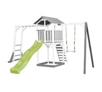 AXI Beach Tower parco giochi in legno in grigio e bianco | Torre di gioco con sabbiera, struttura per arrampicarsi, altalena e scivolo verde lime | Casa per bambini su palafitte per il giardino