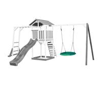 AXI Beach Tower parco giochi in legno in grigio e bianco | Torre di gioco con sabbiera, struttura per arrampicarsi, altalena a nido e scivolo grigio | Casa per bambini su palafitte per il giardino