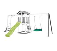 AXI Beach Tower parco giochi in legno in grigio e bianco | Torre di gioco con sabbiera, struttura per arrampicarsi, altalena a nido e scivolo verde lime | Casa per bambini su palafitte per giardino