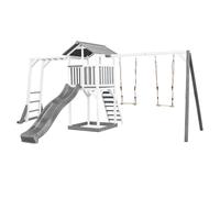 AXI Beach Tower parco giochi in legno in grigio e bianco | Torre di gioco con sabbiera, struttura per arrampicarsi, doppia altalena e scivolo grigio | Casa per bambini su palafitte per il giardino