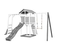 AXI Beach Tower parco giochi in legno in grigio e bianco | Torre di gioco con sabbiera, struttura per arrampicarsi, altalena e scivolo grigio | Casa per bambini su palafitte per il giardino