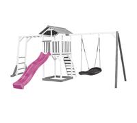 AXI Beach Tower parco giochi in legno in grigio e bianco | Torre di gioco con sabbiera, struttura per arrampicarsi, altalena a nido e scivolo viola | Casa per bambini su palafitte per il giardino