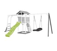 AXI Beach Tower parco giochi in legno in grigio e bianco | Torre di gioco con sabbiera, struttura per arrampicarsi, altalena a nido e scivolo verde lime | Casa per bambini su palafitte per giardino