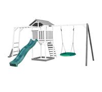 AXI Beach Tower parco giochi in legno in grigio e bianco | Torre di gioco con sabbiera, struttura per arrampicarsi, altalena a nido e scivolo verde | Casa per bambini su palafitte per il giardino