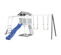 AXI Beach Tower Parco giochi in legno in grigio e bianco | Torre di gioco con sabbiera, struttura per arrampicarsi, doppia altalena e scivolo blu | Casa per bambini su palafitte per il giardino
