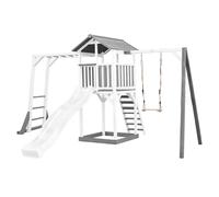 AXI Beach Tower parco giochi in legno in grigio e bianco | Torre di gioco con sabbiera, struttura per arrampicarsi, altalena e scivolo bianco | Casa per bambini su palafitte per il giardino