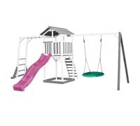 AXI Beach Tower parco giochi in legno in grigio e bianco | Torre di gioco con sabbiera, struttura per arrampicarsi, altalena a nido e scivolo viola | Casa per bambini su palafitte per il giardino