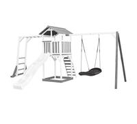 AXI Beach Tower parco giochi in legno in grigio e bianco | Torre di gioco con sabbiera, struttura per arrampicarsi, altalena a nido e scivolo bianco | Casa per bambini su palafitte per il giardino