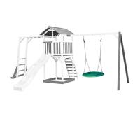 AXI Beach Tower parco giochi in legno in grigio e bianco | Torre di gioco con sabbiera, struttura per arrampicarsi, altalena a nido e scivolo bianco | Casa per bambini su palafitte per il giardino